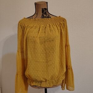 Wishlist Apparel Willow Swiss Dot Mustard Top Women XL Bell Sleeve Boho Western